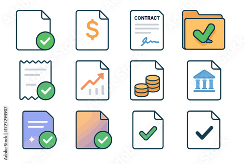 Loan Approval Icons. Loan Approval Variations set icons in modern isometric flat : document with checkmark, paper with dollar sign, contract with