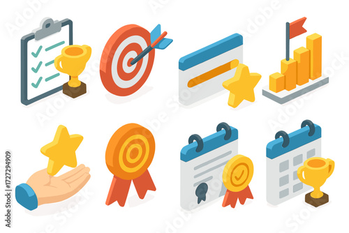 Goal Achievement Icons. Goal Achievement set icons in modern isometric flat : checklist with trophy, dart hitting bullseye, graph with flag on top,
