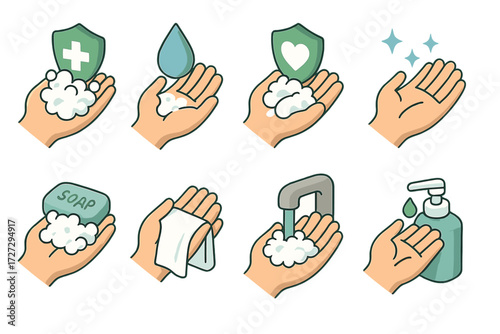 Hand Hygiene Icons. Hygiene & Health set icons in modern isometric flat : hand washing with hygiene symbol, hand washing with water droplet, hand
