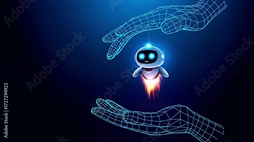 AI Agent Launching from Human Hands, Abstract Wireframe Robot Animation on Blue Tech Background, Futuristic Digital Motion for Artificial Intelligence, Virtual Bots, and Smart Technology Innovation
