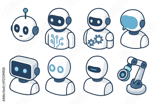 Isometric Robot Icons. Basic Smart Bots set icons in modern isometric flat : robot head with antenna, robot with circuit pattern, humanoid robot with