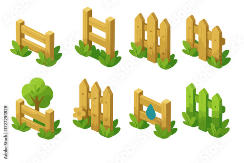 Eco Fence Icons. Fence Variations set icons in modern isometric flat : short eco fence, tall eco fence, picket eco fence, curved eco fence, eco fence