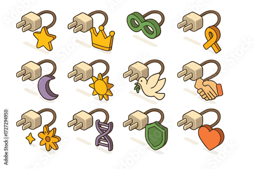 Weekend Unplug Icon Set. Symbolic Weekend Unplugs set icons in modern isometric flat : weekend unplug with star, weekend unplug with crown, weekend