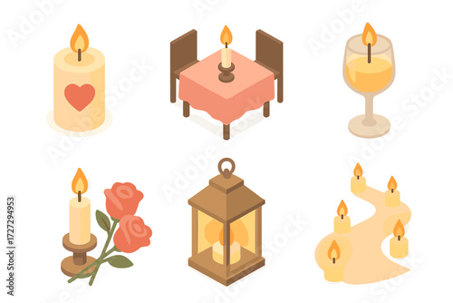 Romantic Candle Icons. Romantic Candlelight set icons in modern isometric flat : candle with heart, dinner table candle, wine glass with candle, roses