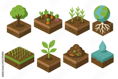 Earth and agriculture flat icon set. featuring tree, vegetables, seedlings, earth, crops, plant, compost, and water drop