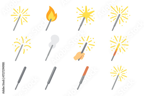 Isometric Sparkler Icons. Sparkler Variations set icons in modern isometric flat : simple sparkler, sparkler with flame, sparkler with starburst,