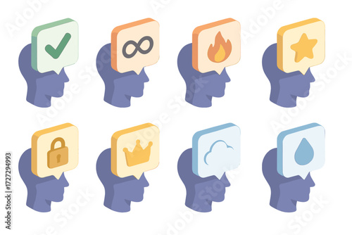 Communication and emotions flat icon set. featuring checkmark, infinity, fire, star, lock, crown, cloud, and water drop symbols