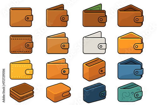 Modern Wallet Icons. Wallet Basics set icons in modern isometric flat : simple wallet, closed wallet, open wallet, wallet with clasp, wallet with
