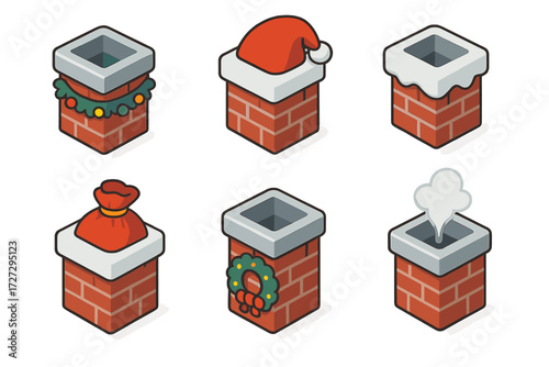 Festive Chimney Icons. Holiday Chimneys set icons in modern isometric flat : decorated chimney, chimney with Santa hat, snowy chimney, gift sack in