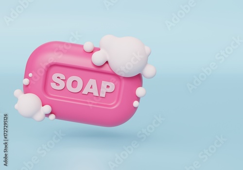 Pink Soap with Bubbles on Blue Background