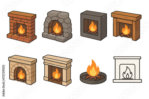 Isometric Fireplace Icons. Basic Fireplaces set icons in modern isometric flat : brick fireplace, stone fireplace, modern square fireplace, rustic