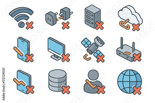 Network Disconnect Icons. Network Disconnect set icons in modern isometric flat : broken wifi link, disconnected plug, server unlink, cloud unlink,