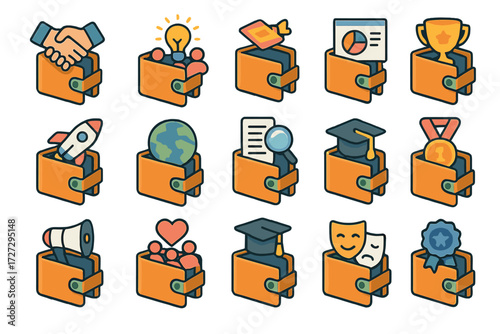 Event Wallet Icons. Event Wallets set icons in modern isometric flat : wallet for business deal, wallet for fundraising, wallet for charity gala,