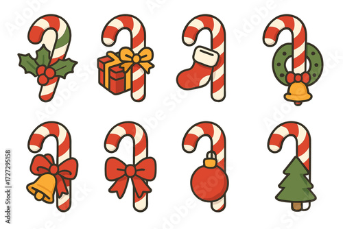 Festive Candy Cane Icons. Holiday Candy Canes set icons in modern isometric flat : candy cane with holly leaves, candy cane with gift box, candy cane