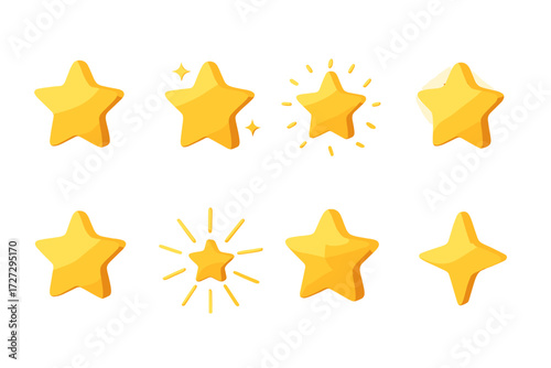 Isometric Star Icons. Twinkle Star set icons in modern isometric flat : single glowing star, star with sparkles, star with dotted rays, star with