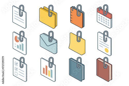 Isometric Office Icons. Office Attachments set icons in modern isometric flat : paperclip with document, paperclip with folder, paperclip with