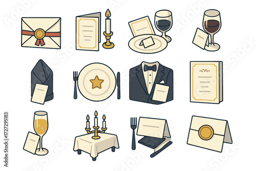 Formal Invitation Icons. Formal Dinner Invite set icons in modern isometric flat : envelope with ribbon, invitation with candle, table setting with
