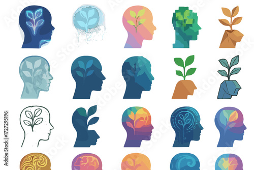 Growth and mind concept silhouette icon set. featuring brain, leaf, head, plant, and abstract patterns