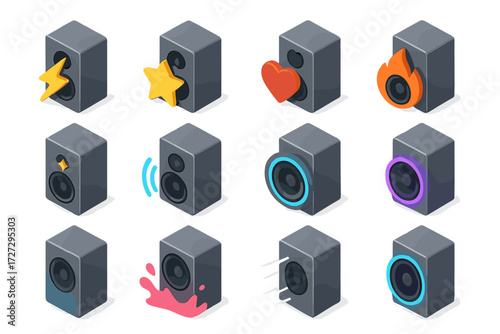 Speaker effects flat icon set. featuring power, star, heart, fire, sound, light, splash, classic speakers