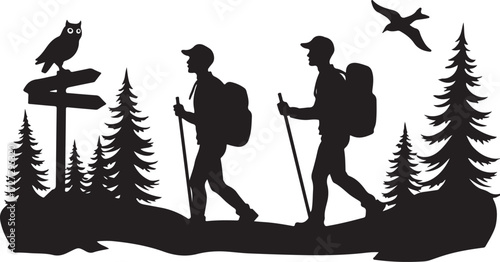 Two hikers with backpacks and walking sticks in a forest with an owl
