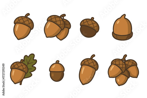 Isometric Acorn Icons. Basic Acorns set icons in modern isometric flat : single acorn, pair of acorns, acorn with cap, acorn without cap, acorn with