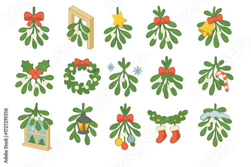 Festive Mistletoe Icons. Holiday Mistletoe set icons in modern isometric flat : mistletoe with bow, mistletoe over doorway, mistletoe with star,