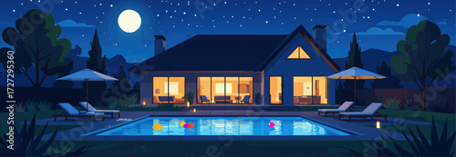 Nighttime Serenity: Luxury Home with Pool Under Moonlit Sky
