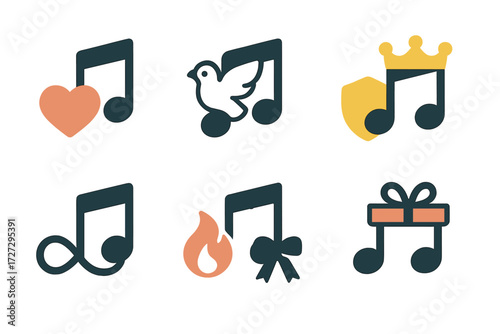 Musical Symbol Icons. Song Indicators set of icons in neo-flat style: music note with heart, music note with peace dove, music note with shield, music