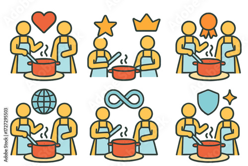 Symbolic Cooking Icons. Symbolic Cooking Together set of icons in neo-flat style: cooking together with heart, cooking together with star, cooking