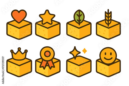 Cornbread Icon Set. Symbolic Cornbread set of icons in neo-flat style: cornbread with heart, cornbread with star, cornbread with leaf, cornbread with