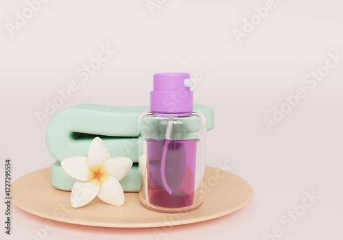 Spa Treatment Composition Bottle, Blue Towel, and Flower on a Plate