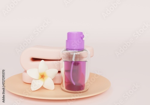 Spa Treatment Composition Bottle, Pink Towel, and Flower on a Plate