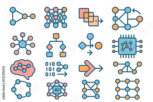 Neural Network Icons. Functional Neural Networks set of icons in neo-flat style: input-output nodes, hidden layer nodes, convolutional net, recurrent