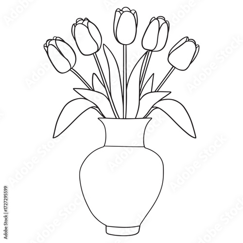 A simple line drawing of a bouquet of tulips in a classic vase perfect for coloring pages and spring themes
