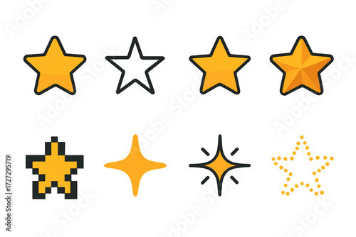Neo-Flat Star Icons. Star Variations set of icons in neo-flat style: bold star, thin star, gradient star, 3D star, pixel star, abstract star, shining