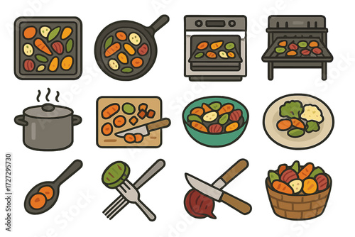 Roasted Vegetable Icons. Cooking Roasted Veggies set of icons in neo-flat style: baking tray with veggies, skillet with roasted vegetables, oven with