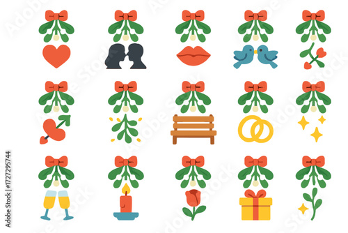 Romantic Mistletoe Icons. Romantic Mistletoe set of icons in neo-flat style: mistletoe with heart, mistletoe with couple silhouette, mistletoe with