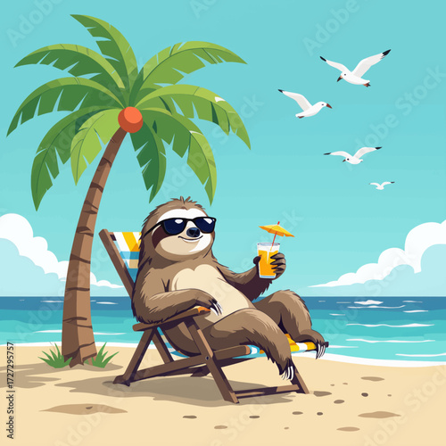 Relaxing Sloth on Tropical Beach with Palm Tree and Seagulls