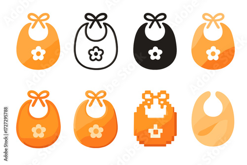 Baby accessories flat icon set. featuring bibs with bow, floral design, pixel art, and minimalist styles