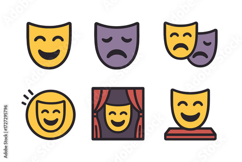 Theatrical Masks Icons. Theatrical Masks set of icons in neo-flat style: smiling drama mask, frowning drama mask, twin masks together, mask with