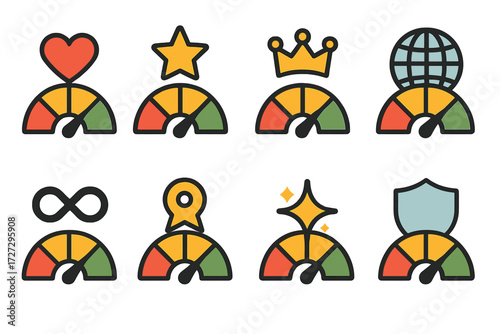 Feedback and rating flat icon set. featuring heart, star, crown, globe, infinity, award, sparkle, and shield symbols