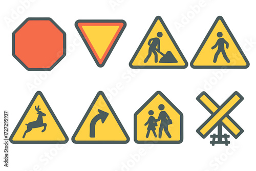 Traffic signs flat icon set. featuring stop, yield, construction, pedestrian, deer, curve, children, railroad symbols
