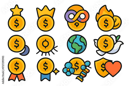 Symbolic Financial Icons. Symbolic Financial Goals set of icons in neo-flat style: financial goal with star, financial goal with crown, financial goal