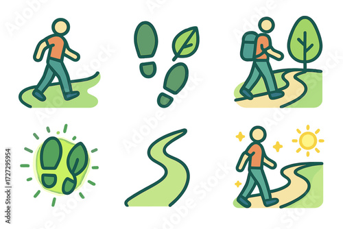 Hiking and nature linear icon set. featuring hiker, trail, footsteps, walking path, outdoor adventure, and sun symbols