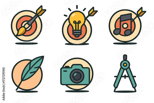 Creative Icons Set. Creative Goals set of icons in neo-flat style: paintbrush target, idea bulb goal, music note target, writing quill goal, camera