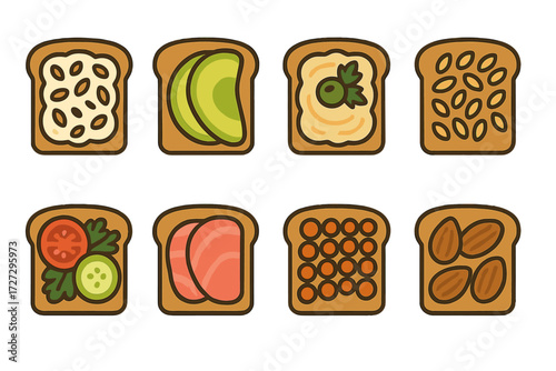 Breakfast food flat icon set. featuring avocado, hummus, vegetable, toast, seeds, and nut symbols