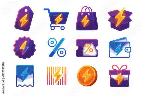 Neon Lightning Icons. Creative Lightning Deals set of icons in neo-flat style: tag with neon bolt, cart with glowing lightning, bag with fiery spark,