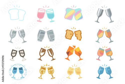 Celebration silhouette icon set. featuring toast, wine, clinking glasses, drinks, and cheers symbols