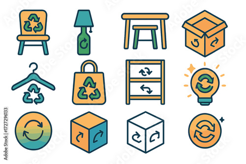 Upcycled Icons Set. Upcycled Item Variations set of icons in neo-flat style: chair with recycle symbol, lamp from bottle, table with arrows, box with