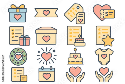 Gift Icon Compilation. Gift & Wishlist set of icons in neo-flat style: present box with heart, ribbon with heart, gift tag wishlist, heart with